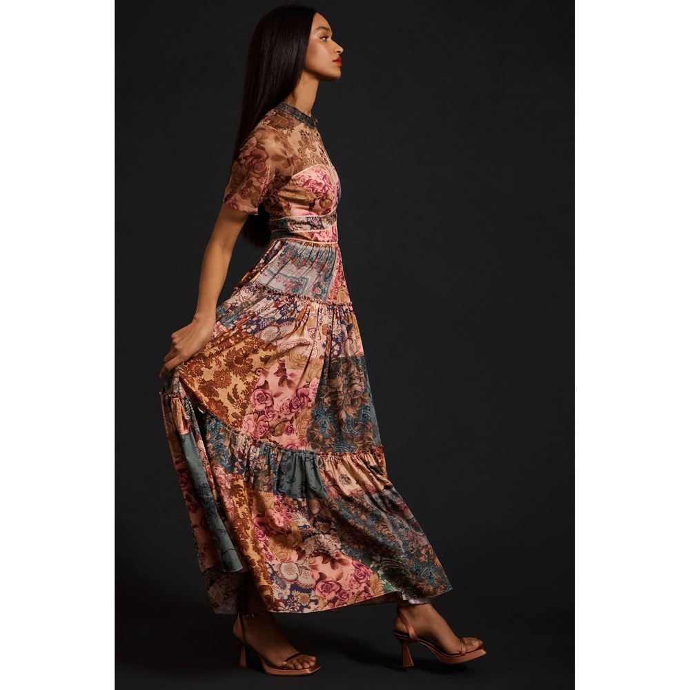 Geisha Designs Anthropologie Patchwork Floral Maxi Dress Pink Multi Mesh Size 4 - Picture 3 of 11